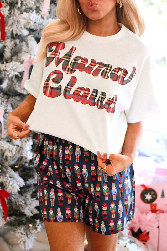 Pink Mama Claus Plaid Letter Tee Nutcracker Shorts 2pcs Lounge Set-Loungewear & Sleepwear/Loungewear-[Adult]-[Female]-Pink-S-2022 Online Blue Zone Planet