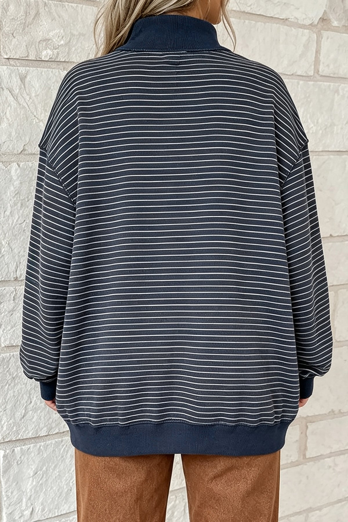Khaki Stripe Ribbed Color Block Mock Neck Oversized Sweatshirt-Tops/Sweatshirts & Hoodies-[Adult]-[Female]-2022 Online Blue Zone Planet