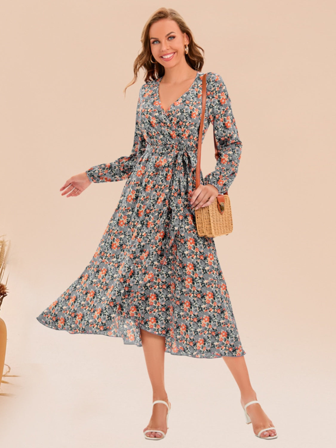 Full Size Printed Surplice Long Sleeve Dress BLUE ZONE PLANET