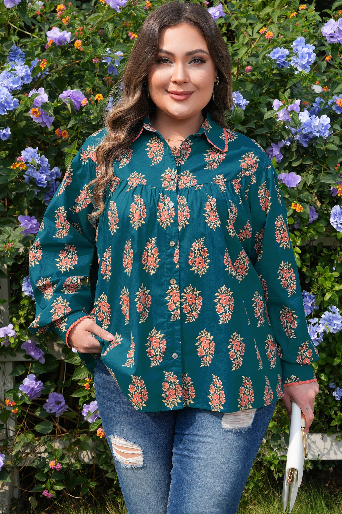 Green Plus Size Floral Print Contrast Lacy Trim Pleated Loose Shirt-Plus Size/Plus Size Tops/Plus Size Blouses & Shirts-[Adult]-[Female]-2022 Online Blue Zone Planet