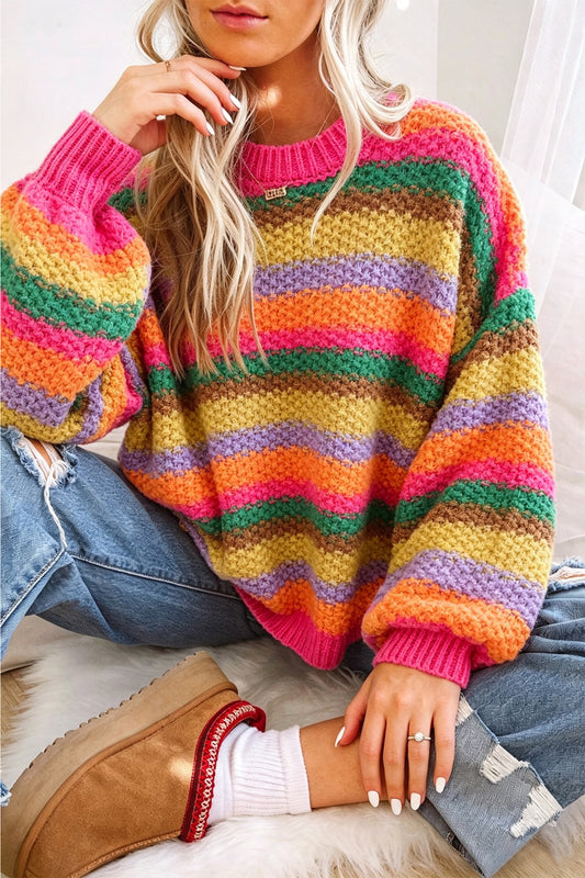 Rose Red Rainbow Striped Knit Round Neck Puff Sleeve Sweater-Sweaters & Cardigans/Sweaters-[Adult]-[Female]-Rose Red-S-2022 Online Blue Zone Planet