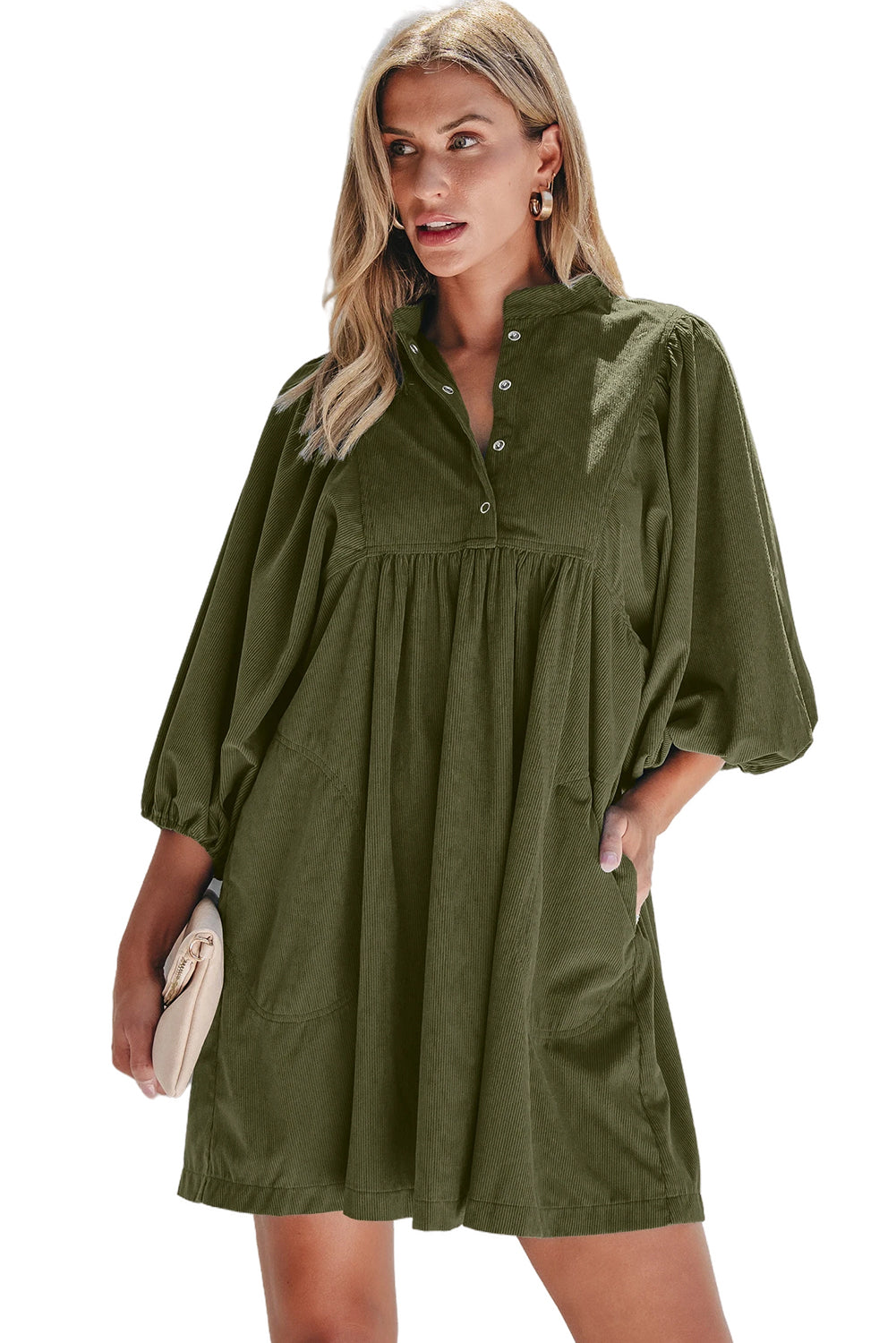 Blue Zone Planet | Vineyard Green Corduroy Snap Buttons Empire Waist Bracelet Sleeve Mini Dress-TOPS / DRESSES-[Adult]-[Female]-2022 Online Blue Zone Planet