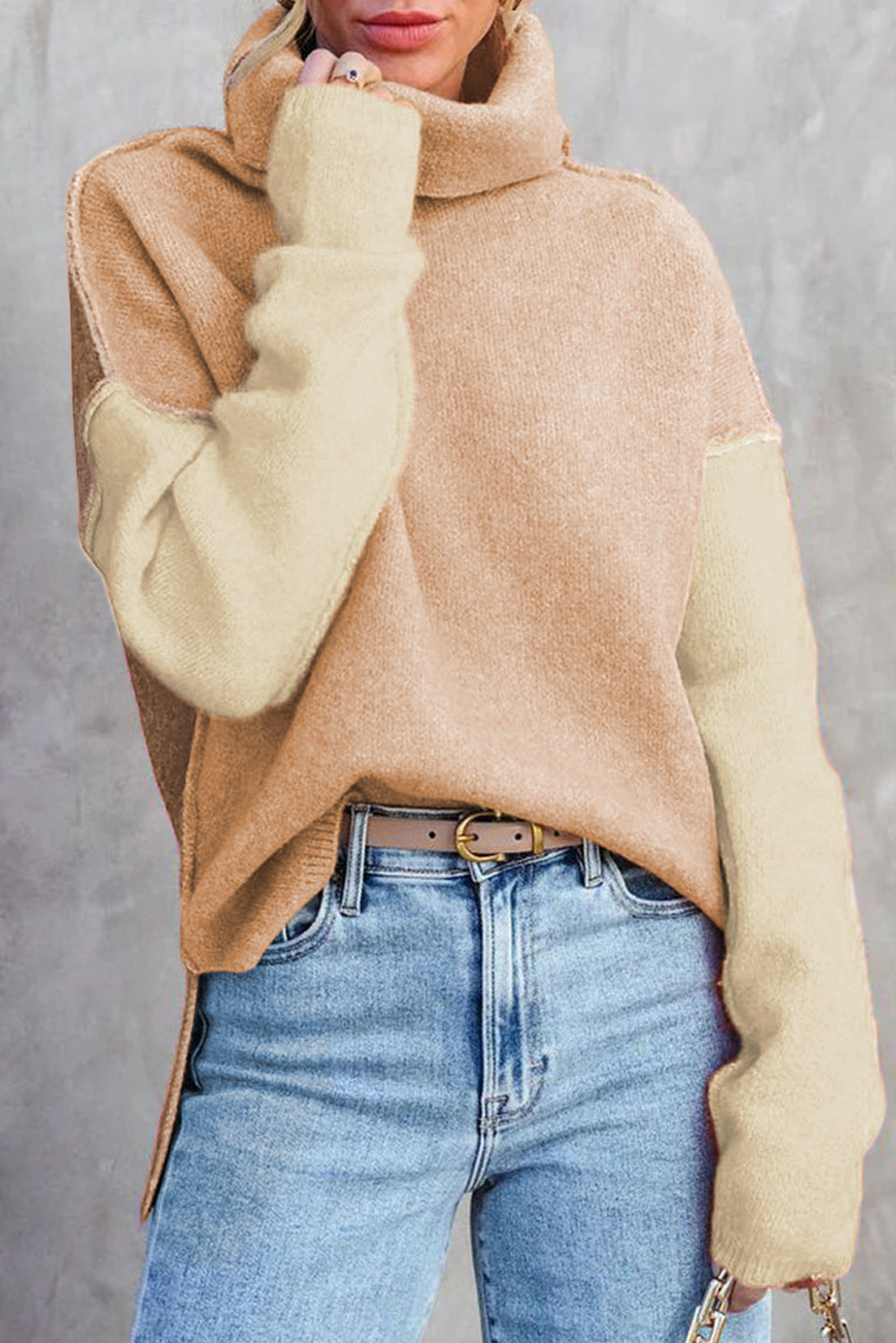 White Color Block Turtle Neck Drop Shoulder Knit Sweater-TOPS / DRESSES-[Adult]-[Female]-Pale Chestnut-S-2022 Online Blue Zone Planet