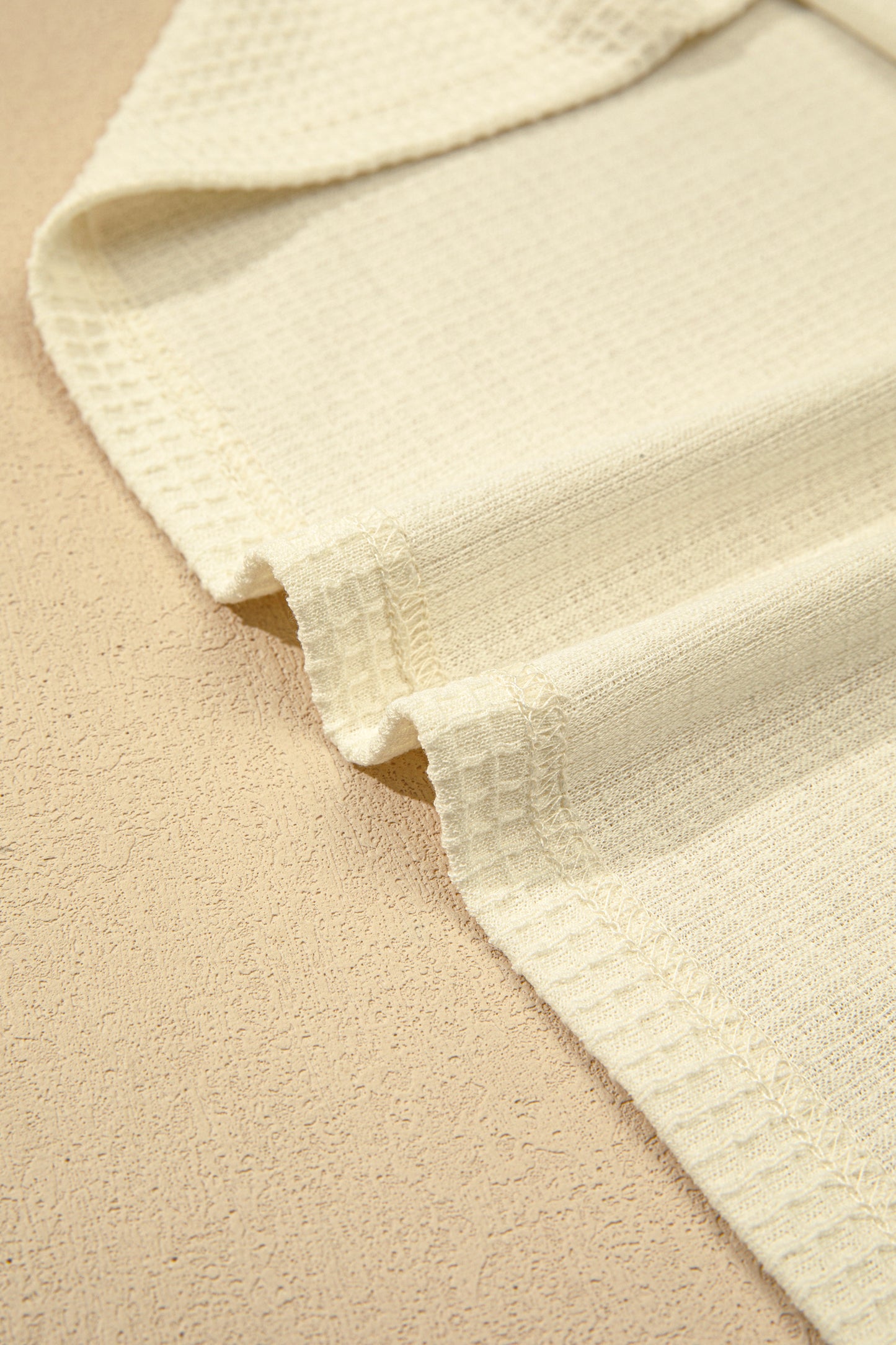 Beige Lace Splicing Button Cutout V Neck Waffle Knit Blouse-Tops/Blouses & Shirts-[Adult]-[Female]-2022 Online Blue Zone Planet