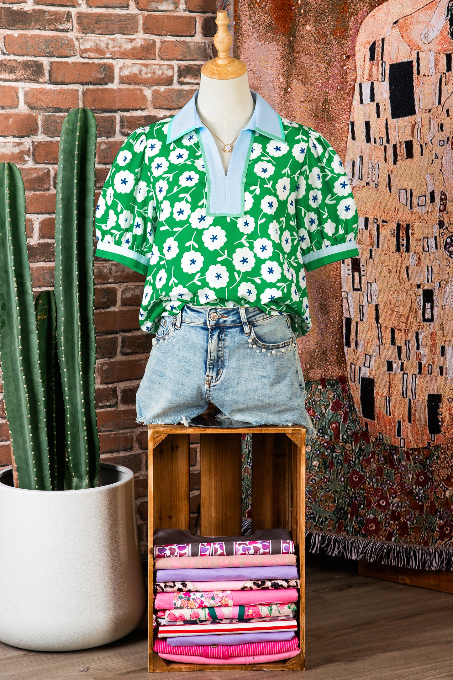Green Flower Printed Contrast Patchwork Collar Short Sleeve Blouse-Tops/Blouses & Shirts-[Adult]-[Female]-2022 Online Blue Zone Planet