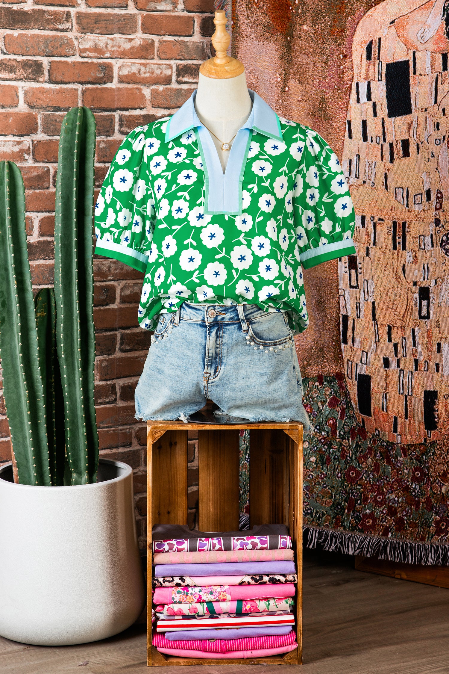 Green Flower Printed Contrast Patchwork Collar Short Sleeve Blouse-Tops/Blouses & Shirts-[Adult]-[Female]-2022 Online Blue Zone Planet