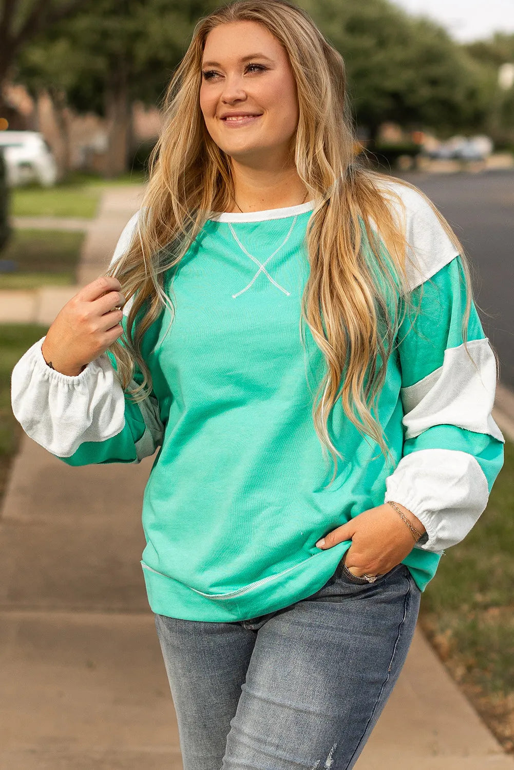 Plus Size Exposed Seam Color Block Long Sleeve Sweatshirt-TOPS / DRESSES-[Adult]-[Female]-2022 Online Blue Zone Planet