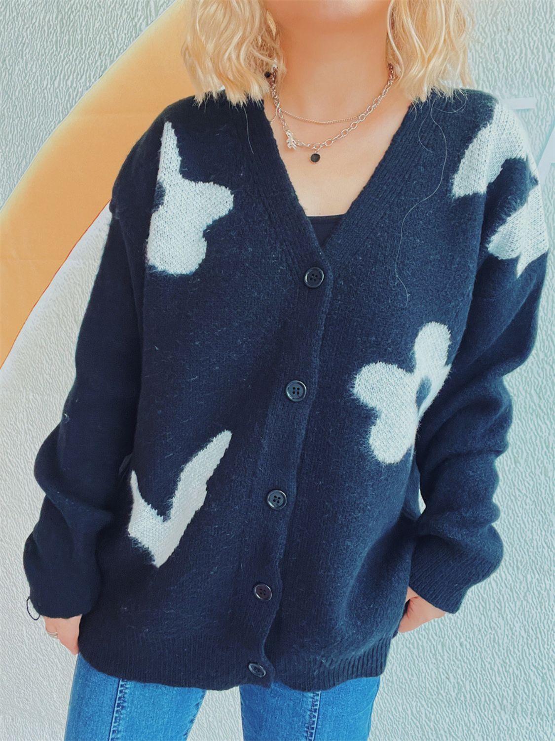 Flower Button Down V-Neck Long Sleeve Cardigan-TOPS / DRESSES-[Adult]-[Female]-2022 Online Blue Zone Planet