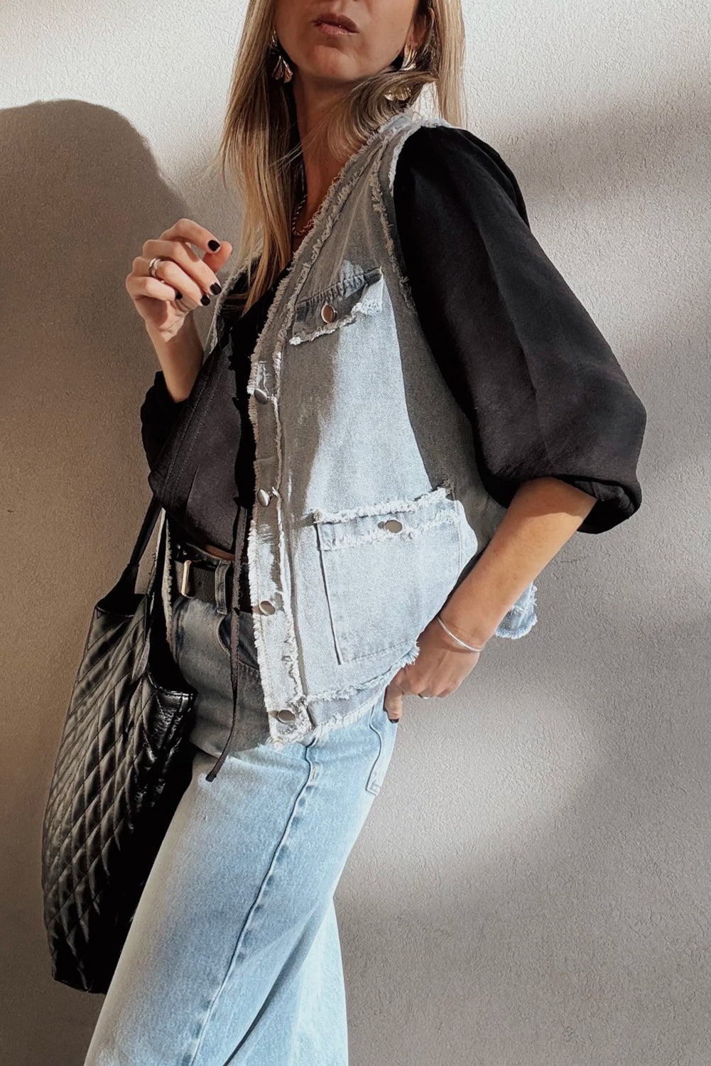 Beau Blue Frayed Edge Flap Pockets Denim Vest Jacket-Outerwear/Vests-[Adult]-[Female]-2022 Online Blue Zone Planet