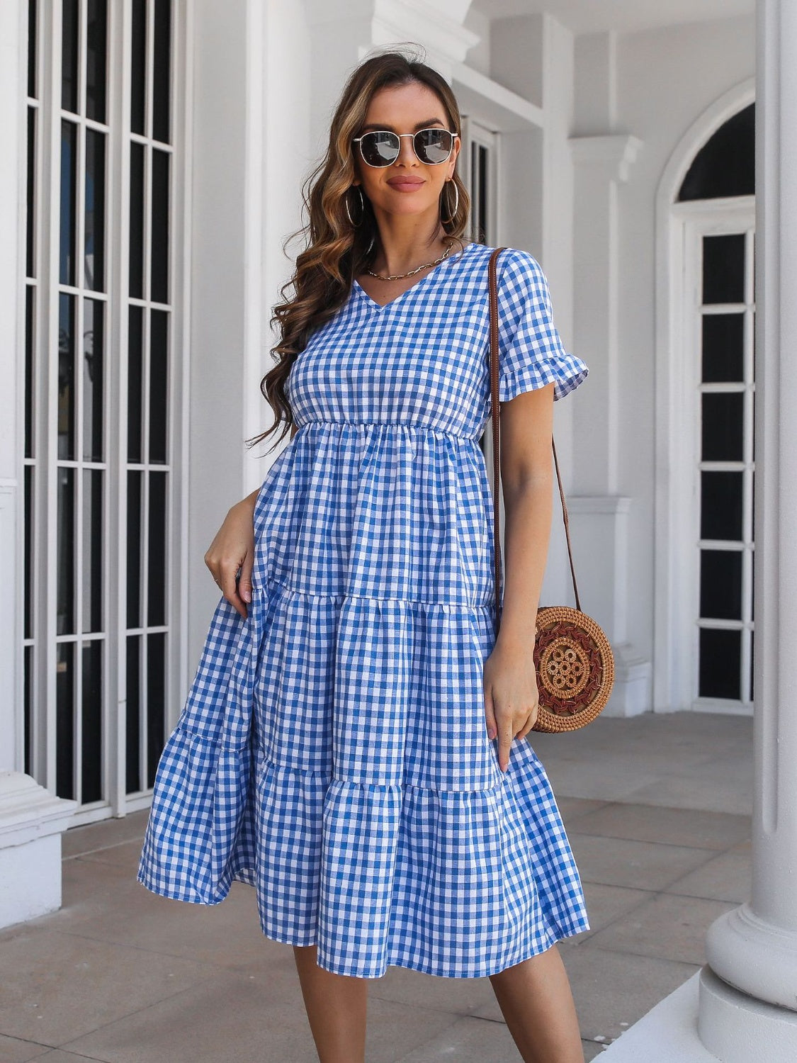 Blue Zone Planet | Plaid V-Neck Short Sleeve Midi Dress-TOPS / DRESSES-[Adult]-[Female]-2022 Online Blue Zone Planet