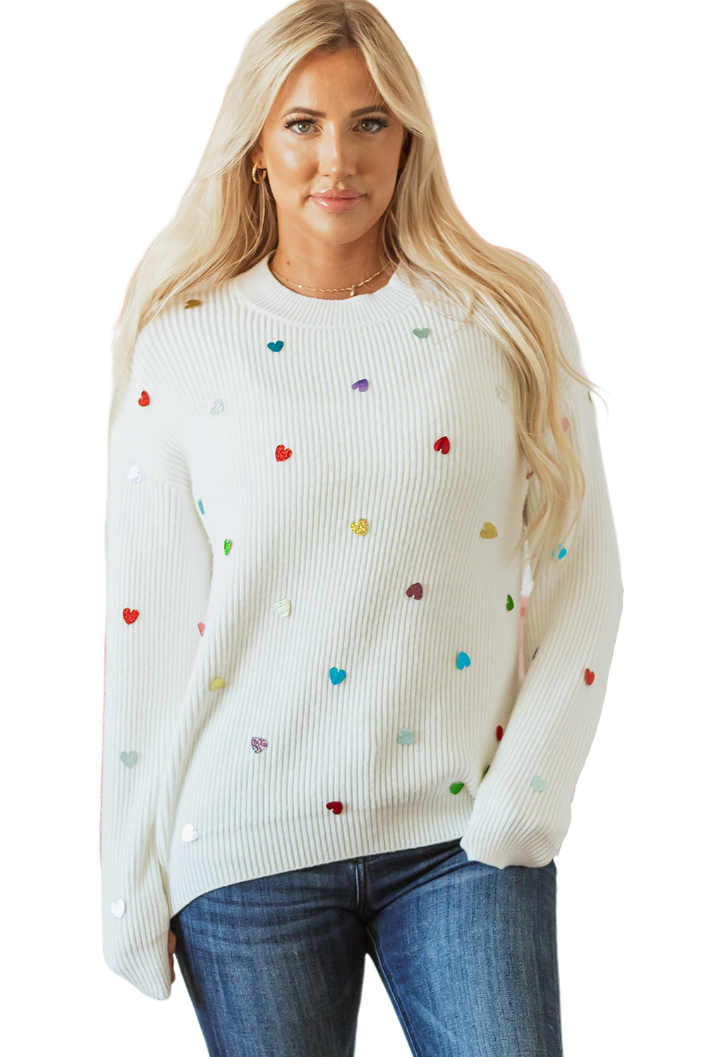 Blue Zone Planet | Beige Sequin Heart Shape Waffle Knit Round Neck Sweater-Sweaters & Cardigans/Sweaters-[Adult]-[Female]-2022 Online Blue Zone Planet