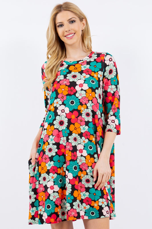 Celeste Full Size Floral Three-Quarter Sleeve Dress with Pockets-TOPS / DRESSES-[Adult]-[Female]-Black Floral-S-2022 Online Blue Zone Planet