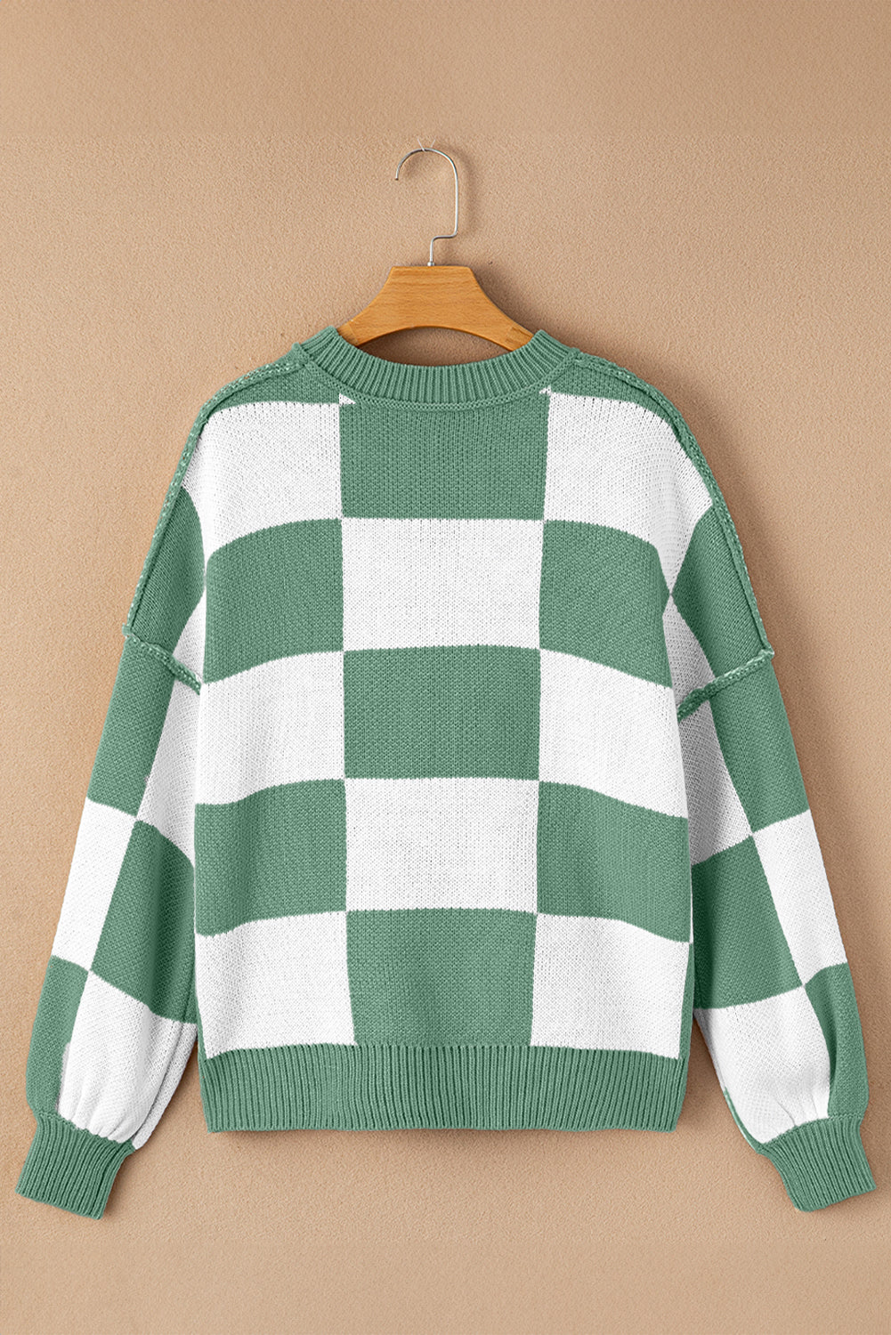 Blue Zone Planet | Pink Checked Bishop Sleeve Pullover Sweater-Sweaters-[Adult]-[Female]-2022 Online Blue Zone Planet