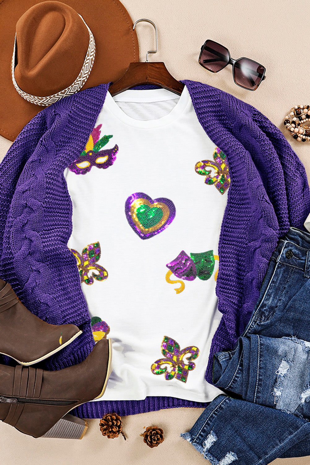 White Sequined Mardi Gras Symbolic Pattern Casual Tee-Graphic/Graphic Tees-[Adult]-[Female]-2022 Online Blue Zone Planet
