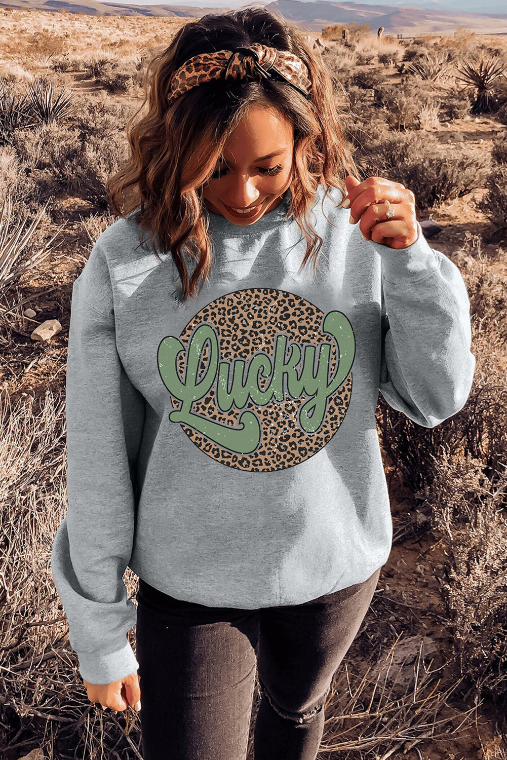 Gray Leopard Lucky Graphic Crewneck St Patrick Pullover Sweatshirt-Graphic Sweatshirts-[Adult]-[Female]-2022 Online Blue Zone Planet