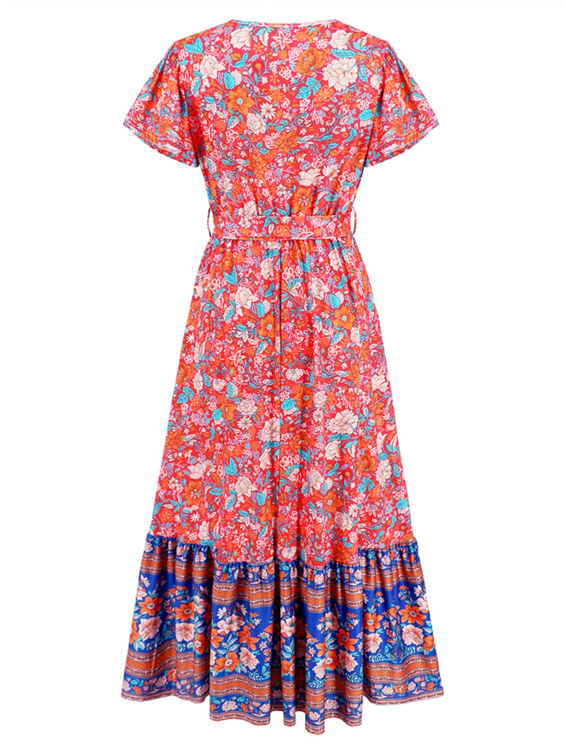 Tied Printed V-Neck Short Sleeve Dress-TOPS / DRESSES-[Adult]-[Female]-2022 Online Blue Zone Planet