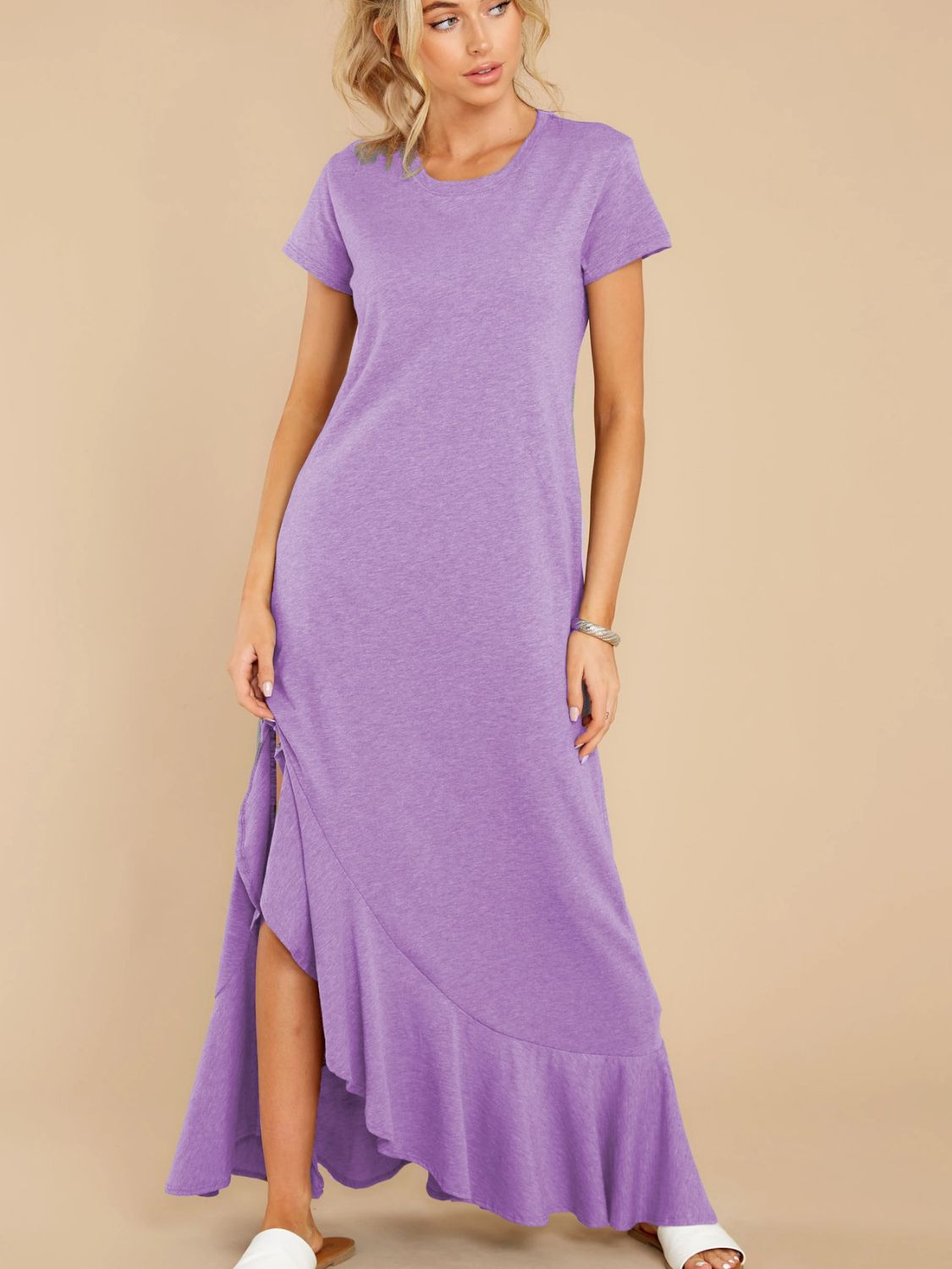 Blue Zone Planet | Slit Round Neck Short Sleeve Maxi Dress-TOPS / DRESSES-[Adult]-[Female]-2022 Online Blue Zone Planet