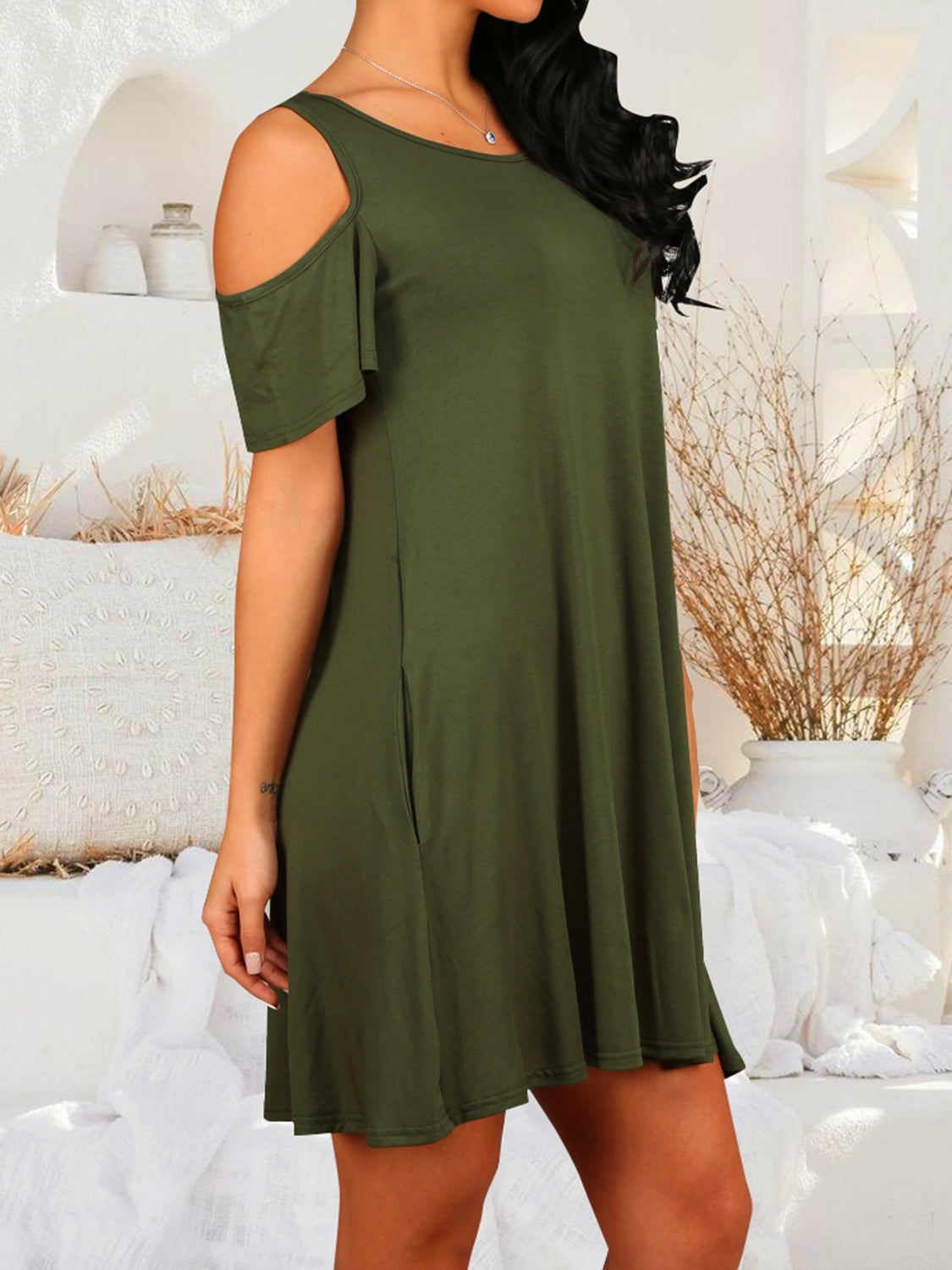 Round Neck Cold Shoulder Short Sleeve Dress-TOPS / DRESSES-[Adult]-[Female]-Matcha Green-S-2022 Online Blue Zone Planet