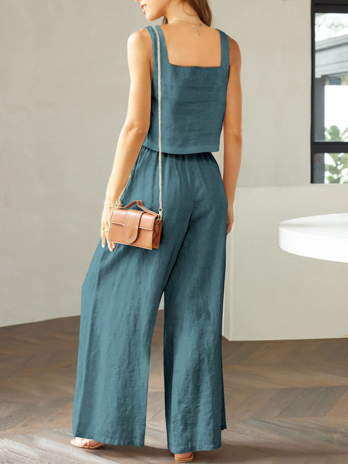 Square Neck Top and Wide Leg Pants Set-TOPS / DRESSES-[Adult]-[Female]-2022 Online Blue Zone Planet