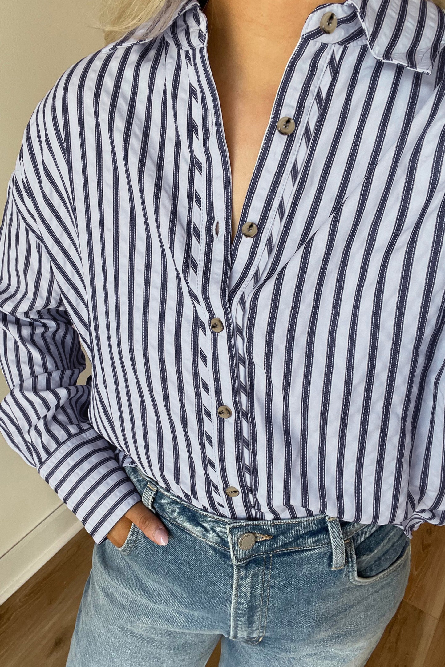 Blue Stripe Button Down Long Sleeve Loose Shirt-Tops/Blouses & Shirts-[Adult]-[Female]-2022 Online Blue Zone Planet