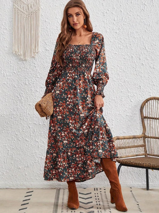 Blue Zone Planet | Smocked Floral Square Neck Long Sleeve Dress-TOPS / DRESSES-[Adult]-[Female]-Dark Green-S-2022 Online Blue Zone Planet