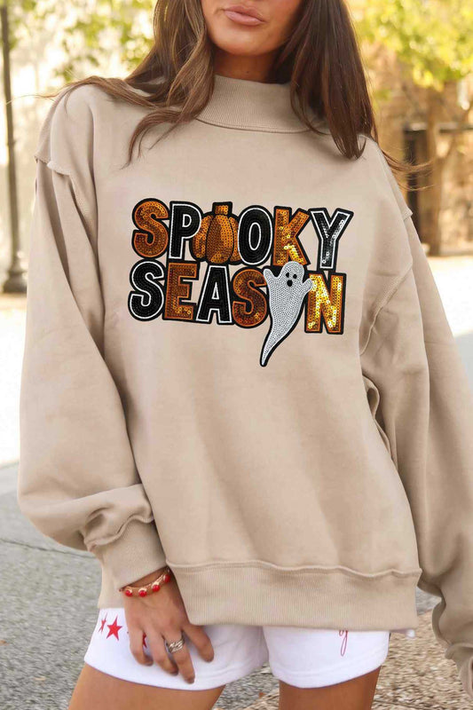 Apricot Sequin Spooky Season Graphic Mock Neck Halloween Sweatshirt-Graphic/Graphic Sweatshirts-[Adult]-[Female]-Apricot-S-2022 Online Blue Zone Planet