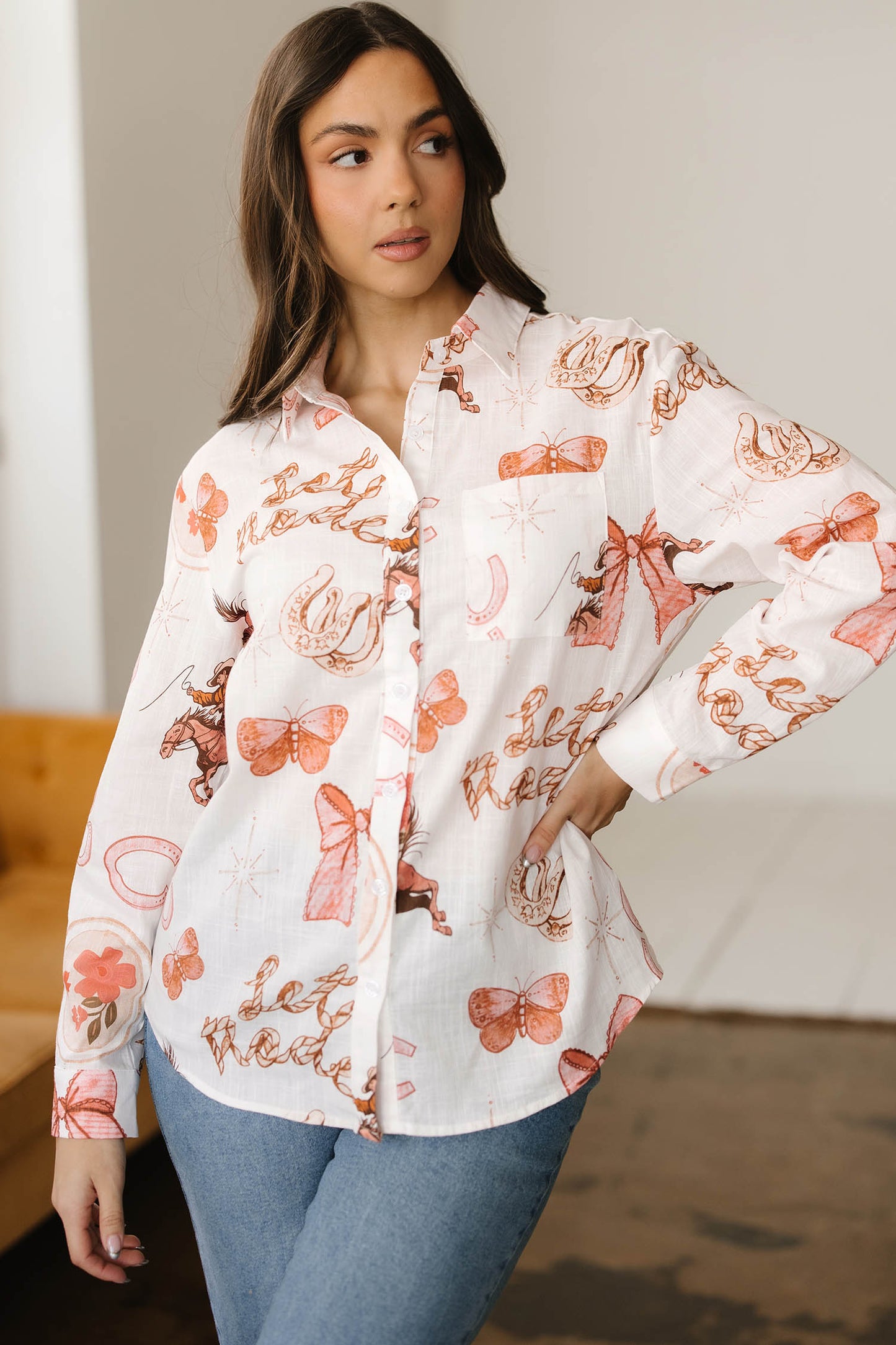 White Rodeo Cowgirl Print Western Button up Shirt-Tops/Blouses & Shirts-[Adult]-[Female]-2022 Online Blue Zone Planet