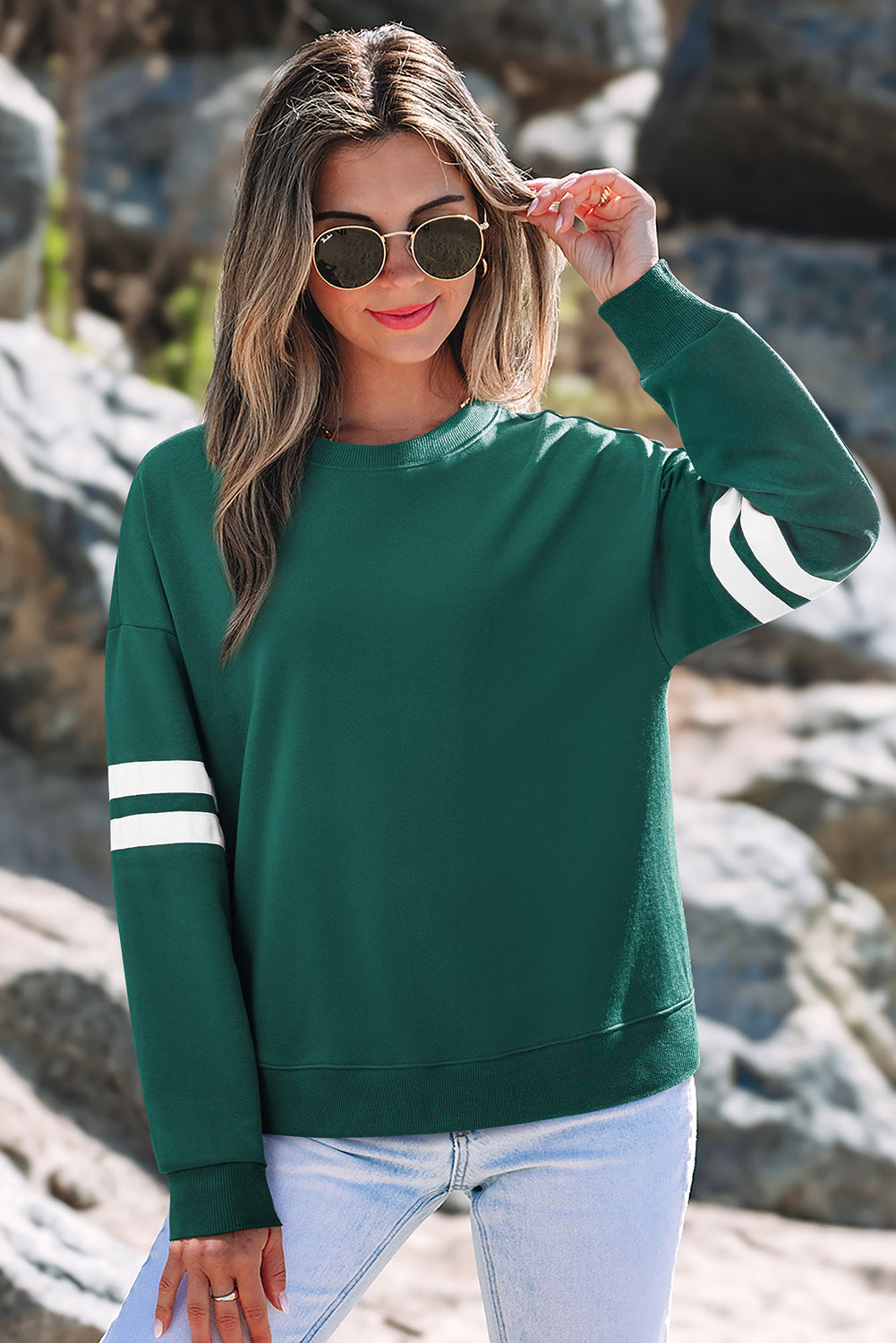 Evergreen Varsity Striped Detail Drop Shoulder Oversized Sweatshirt-Tops/Sweatshirts & Hoodies-[Adult]-[Female]-2022 Online Blue Zone Planet