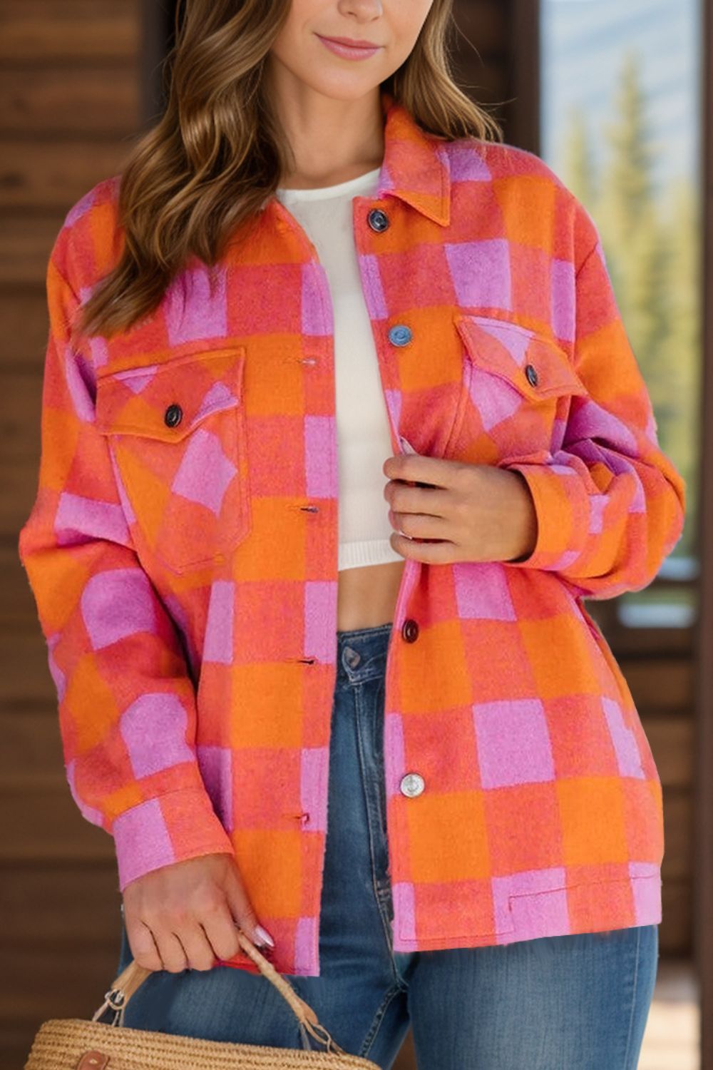 Color Block Plaid Button Up Long Sleeve Jacket-TOPS / DRESSES-[Adult]-[Female]-Hot Pink-S-2022 Online Blue Zone Planet