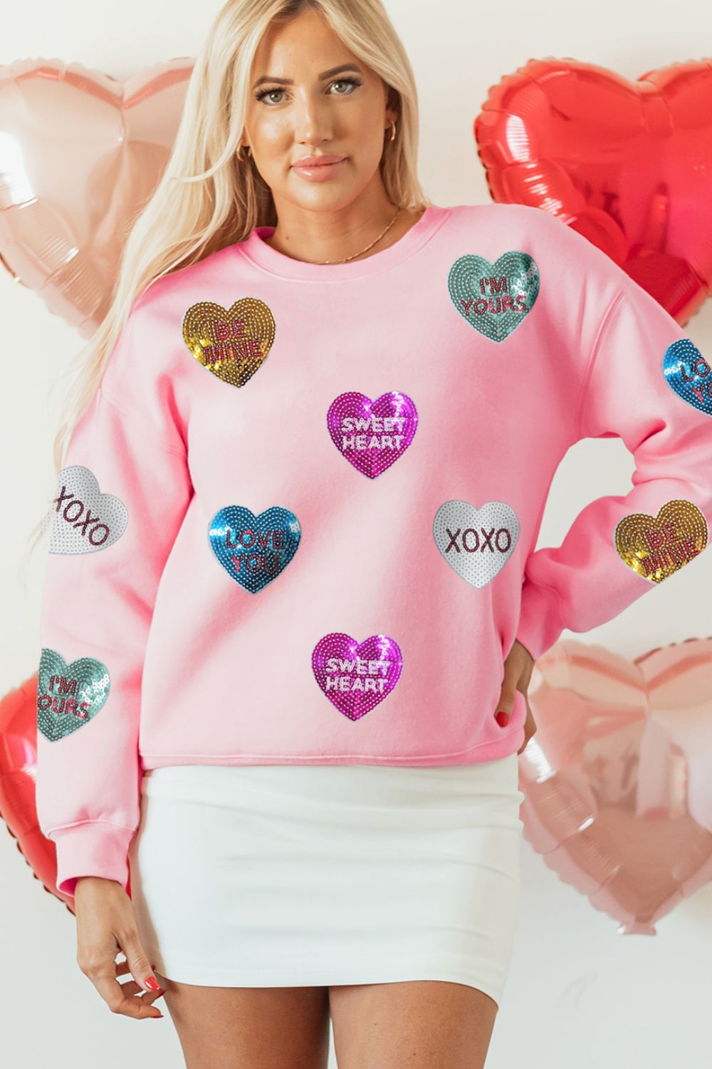 Valentine’s Day Sequin Heart Round Neck Long Sleeve Sweatshirt-TOPS / DRESSES-[Adult]-[Female]-2022 Online Blue Zone Planet