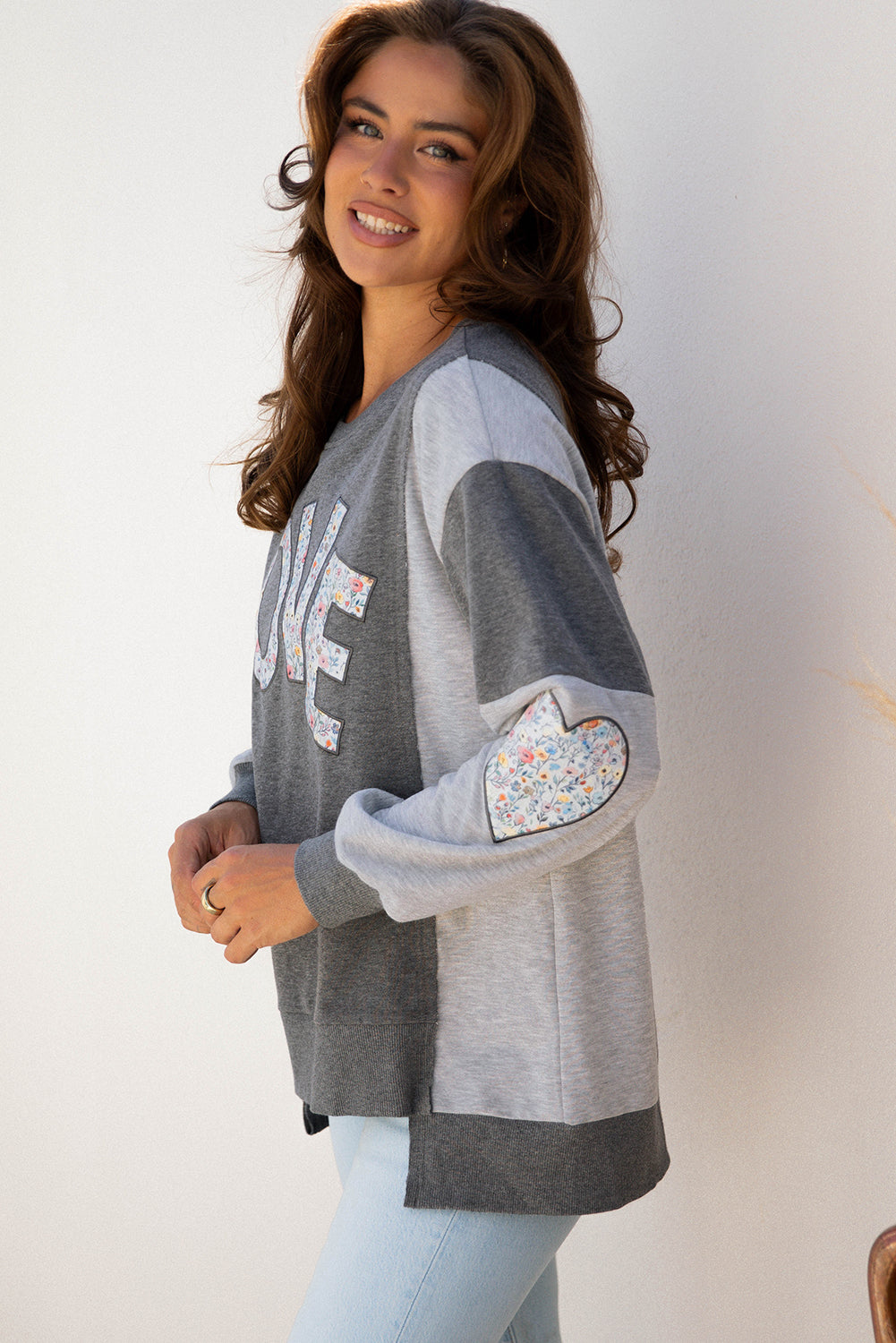 Dark Grey Love Graphic Exposed Seam Patchwork Uneven Hem Chic Sweatshirt-Tops/Sweatshirts & Hoodies-[Adult]-[Female]-2022 Online Blue Zone Planet
