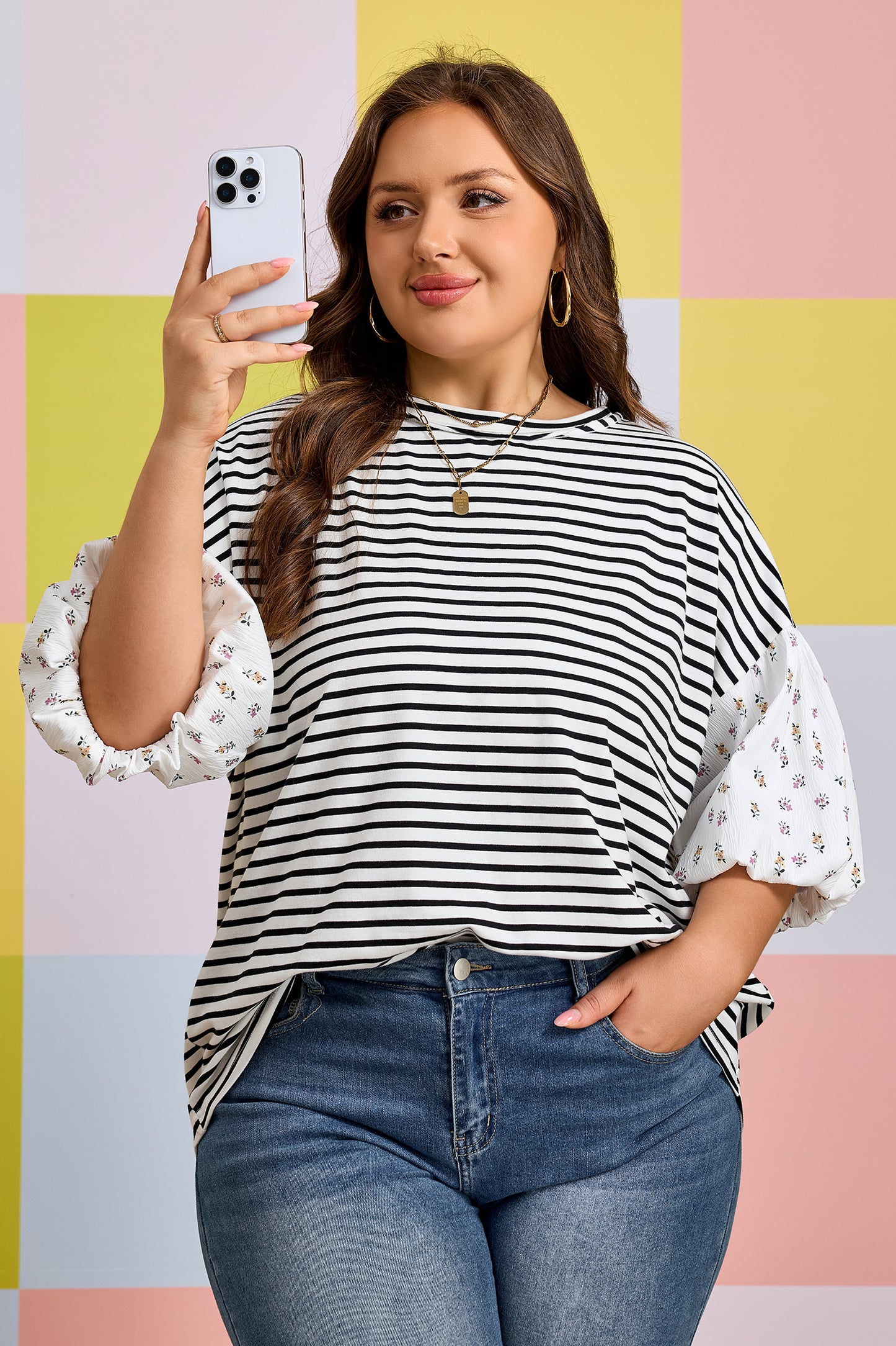 Black Stripe Plus Size Striped Short Sleeve Top With Floral Puff Sleeves-Plus Size/Plus Size Tops/Plus Size Blouses & Shirts-[Adult]-[Female]-2022 Online Blue Zone Planet