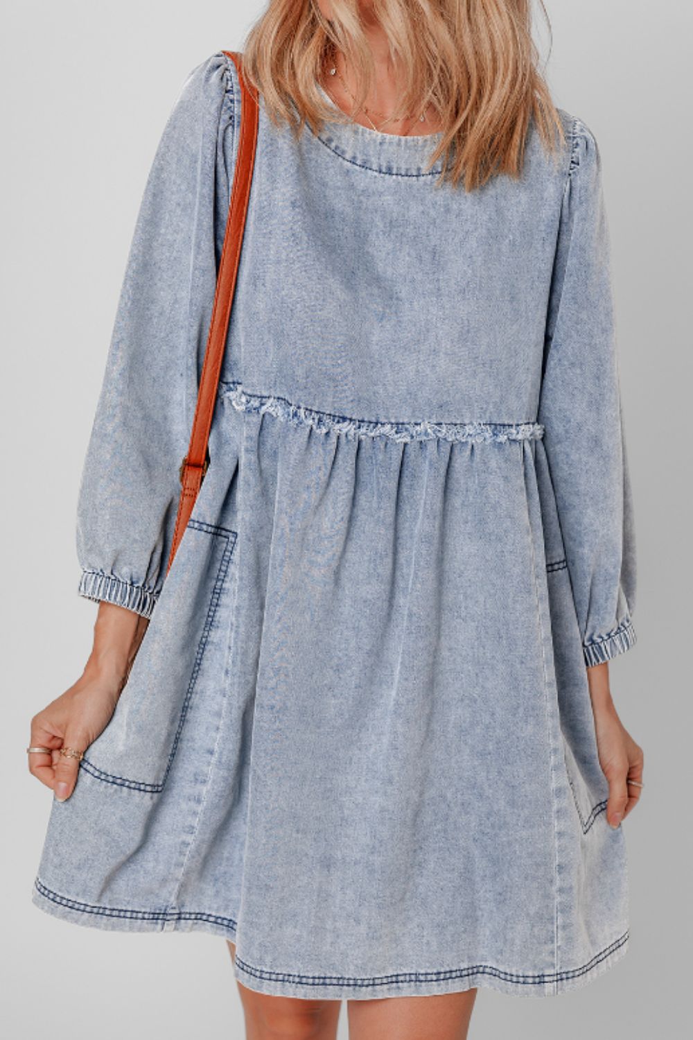 Cutout Round Neck Balloon Sleeve Denim Dress-TOPS / DRESSES-[Adult]-[Female]-2022 Online Blue Zone Planet