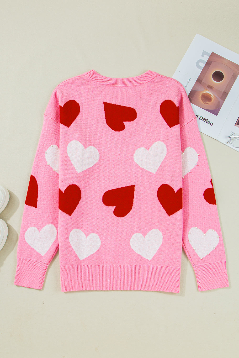 Pink Pearl Embellished Heart Pattern Valentines Day Sweater-TOPS / DRESSES-[Adult]-[Female]-2022 Online Blue Zone Planet
