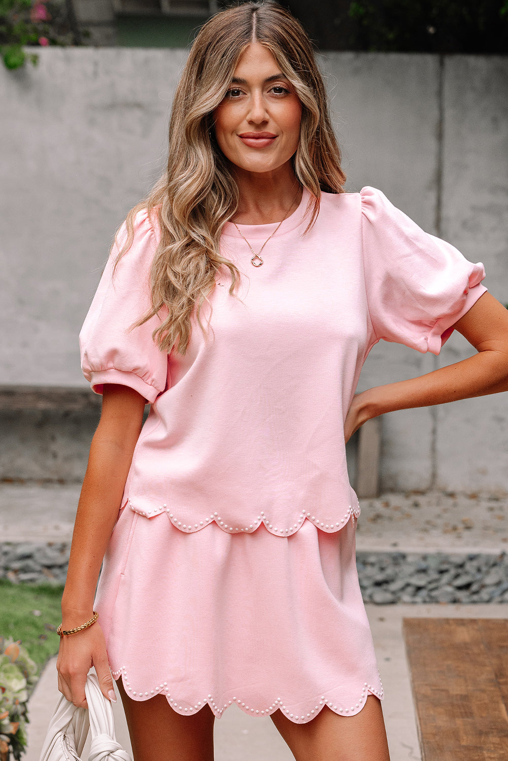 Beau Blue Puff Sleeve Pearl Embellished Scallop Trim Top 2 Piece Skort Set-Two Piece Sets/Two Piece Dresses-[Adult]-[Female]-2022 Online Blue Zone Planet
