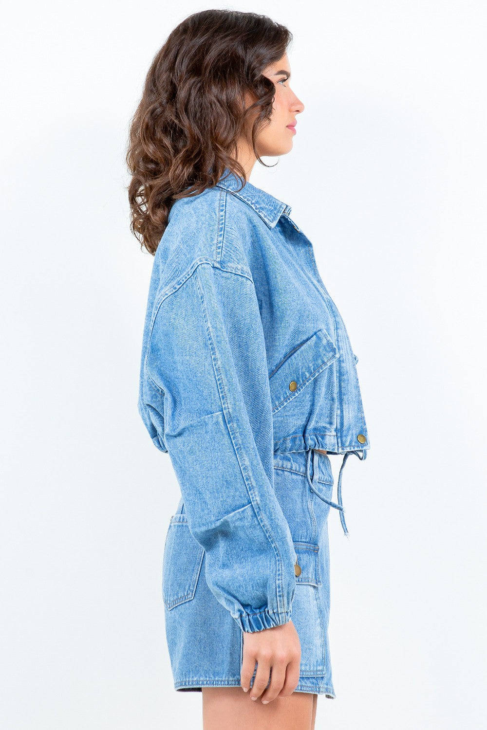 American Bazi Drawstring Waist Crop Denim Jacket-TOPS / DRESSES-[Adult]-[Female]-2022 Online Blue Zone Planet