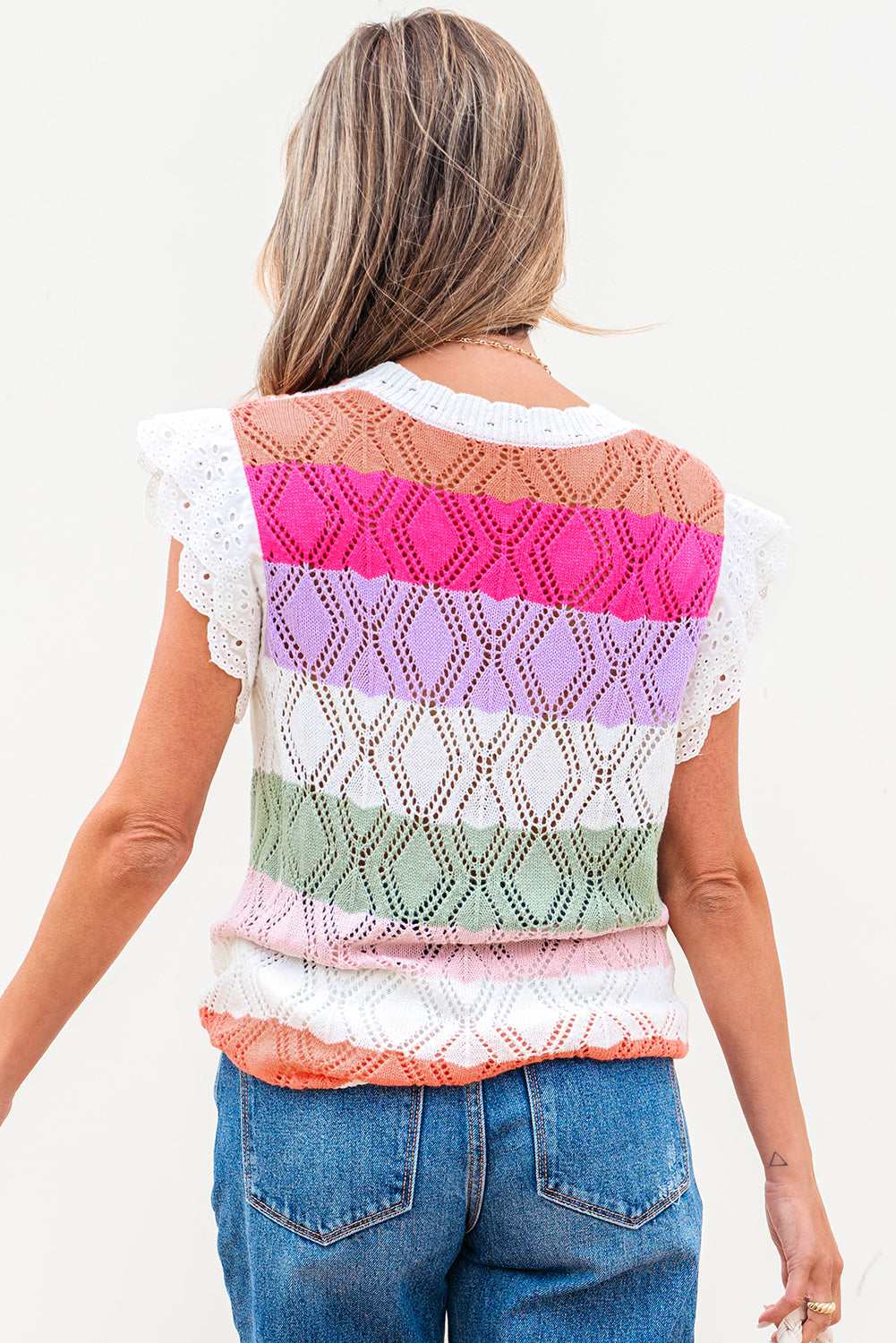 Rose Stripe Colorblock Hollowed Knit Scallop Edge Sweater Vest-Sweaters & Cardigans/Sweater Vests-[Adult]-[Female]-2022 Online Blue Zone Planet