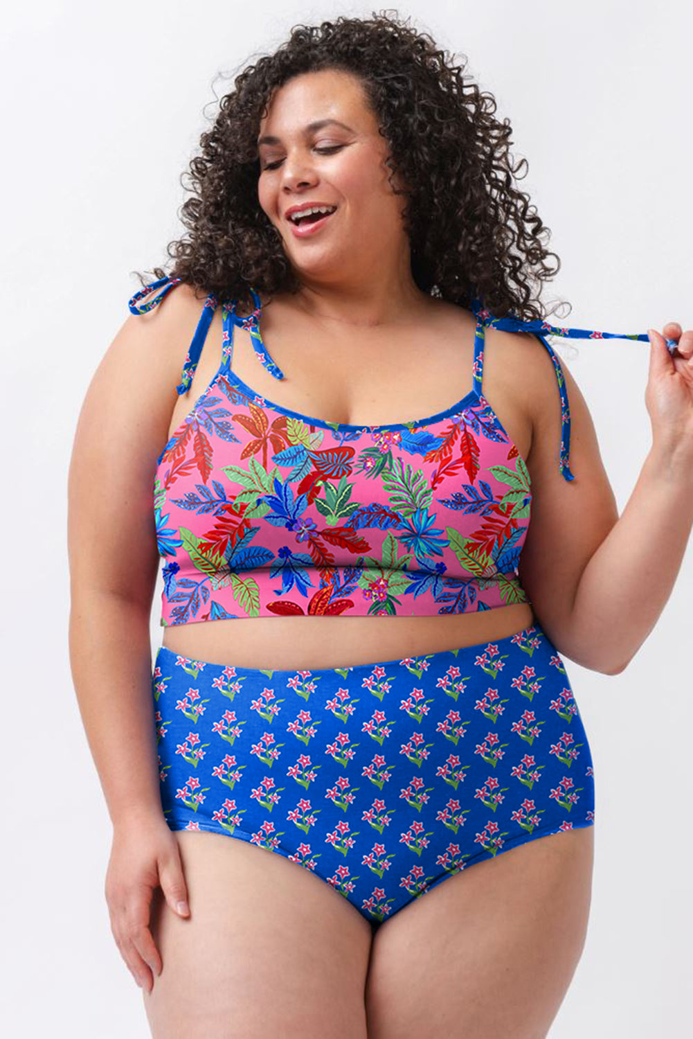 Blue Fashion Print Tied Straps Crop Vest and High Waist Plus Size Bikini-Plus Size/Plus Size Swimwear-[Adult]-[Female]-2022 Online Blue Zone Planet