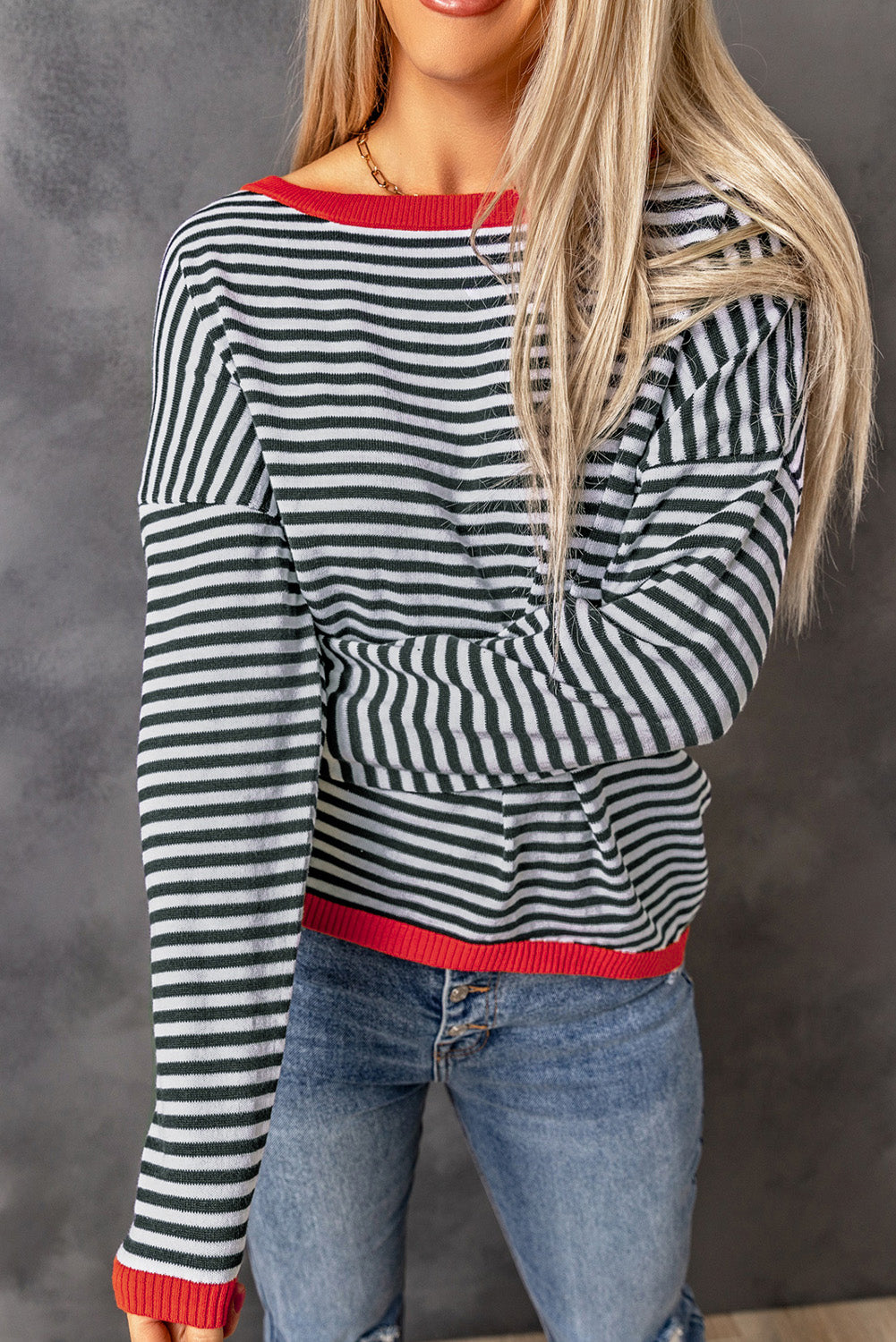 Fiery Red Contrast Trimmed Striped Drop Shoulder Sweater-Sweaters & Cardigans/Sweaters-[Adult]-[Female]-2022 Online Blue Zone Planet