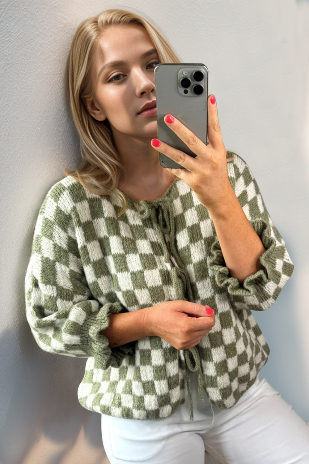 Double Take Tied Checkered Dropped Shoulder Flounce Sleeve Cardigan-TOPS / DRESSES-[Adult]-[Female]-Matcha Green-S-2022 Online Blue Zone Planet