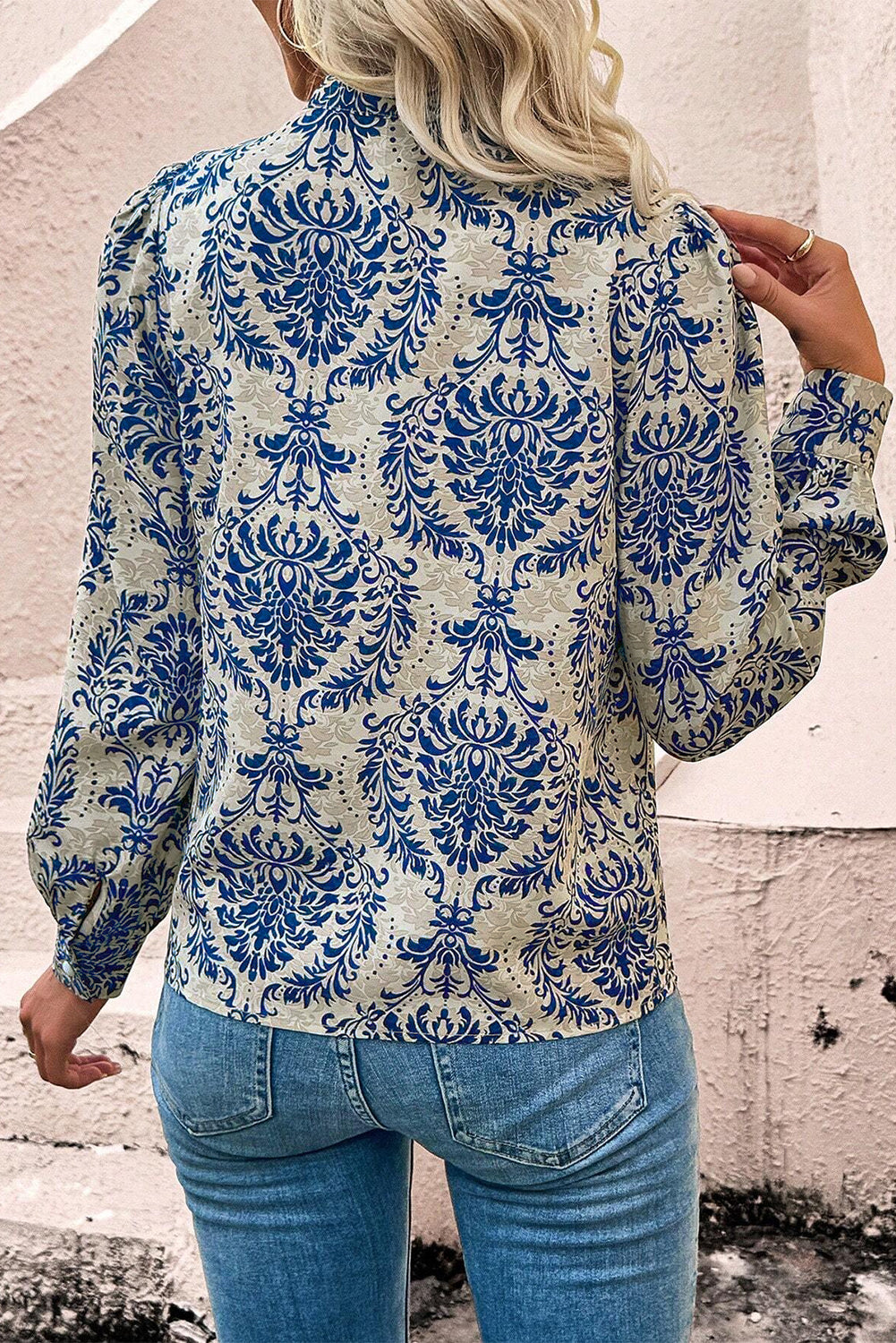 Sky Blue Bohemian Printed Bishop Sleeve Lace Shirt-Tops/Blouses & Shirts-[Adult]-[Female]-2022 Online Blue Zone Planet