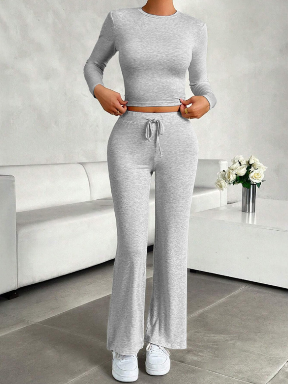 Blue Zone Planet |  Round Neck Long Sleeve Top and Drawstring Pants Set