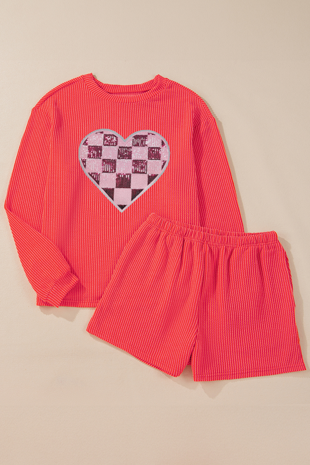 Gold Flame Sequis Checkered Heart Graphic Corded Shorts Set-Graphic Apparel-[Adult]-[Female]-2022 Online Blue Zone Planet