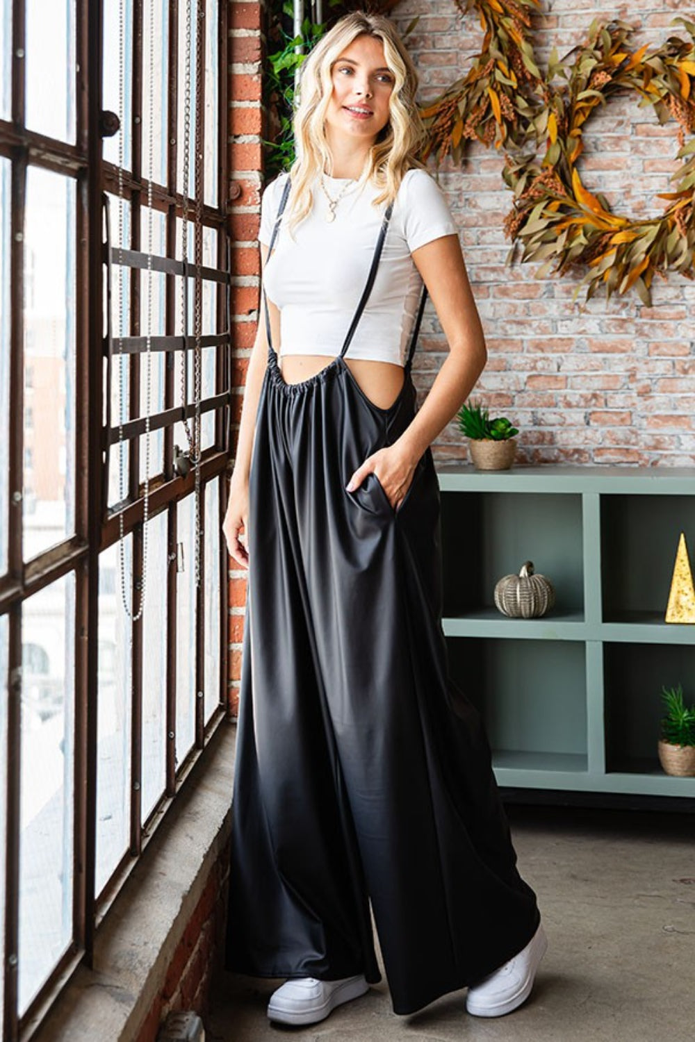 First Love Drawstring Back Spaghetti Strap Wide Leg Overall-TOPS / DRESSES-[Adult]-[Female]-Black-S-2022 Online Blue Zone Planet