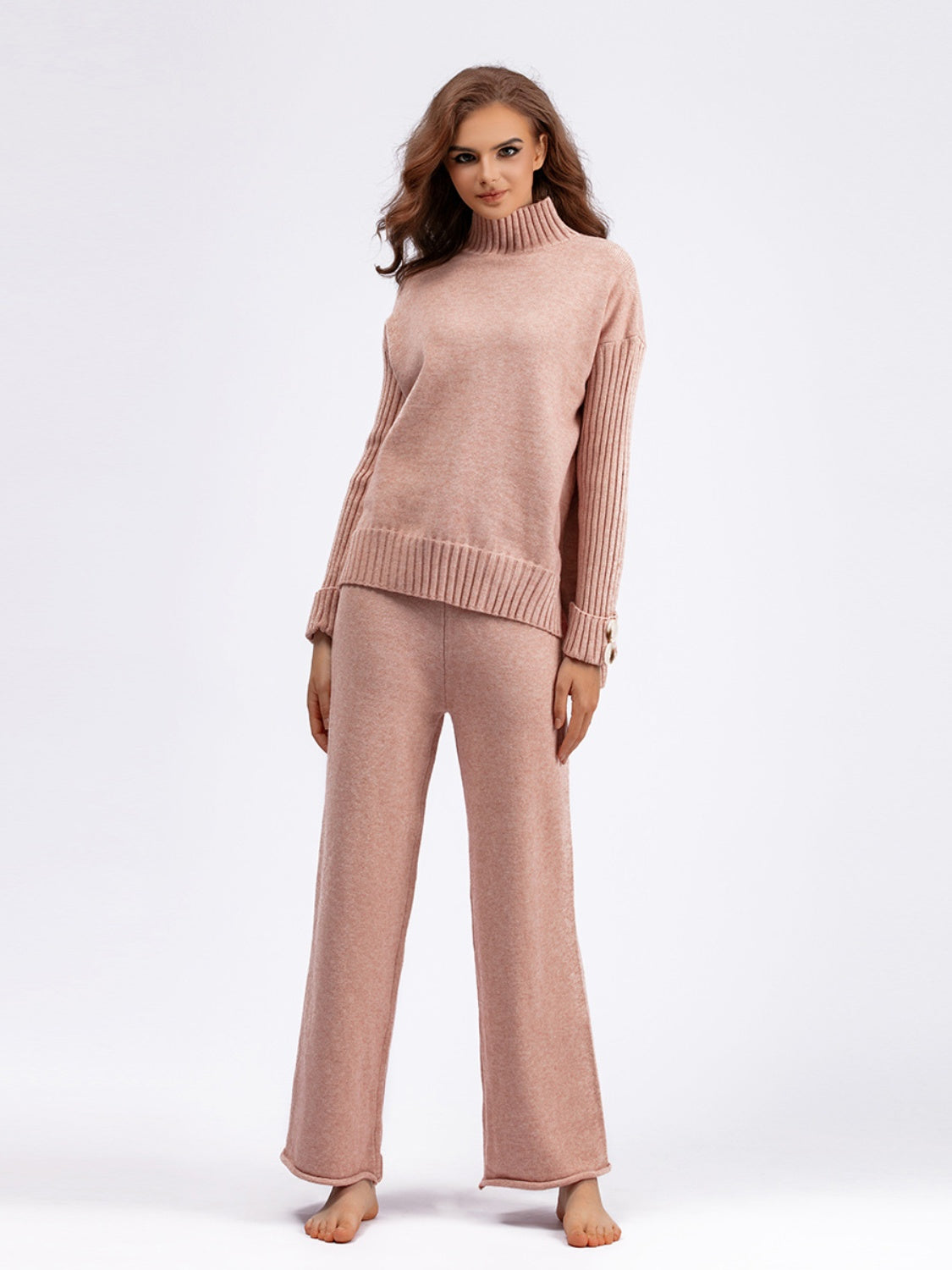 Blue Zone Planet | Basic Bae High- Low Turtleneck Long Sleeve Top and Pants Sweater Set-TOPS / DRESSES-[Adult]-[Female]-Apricot-One Size-2022 Online Blue Zone Planet