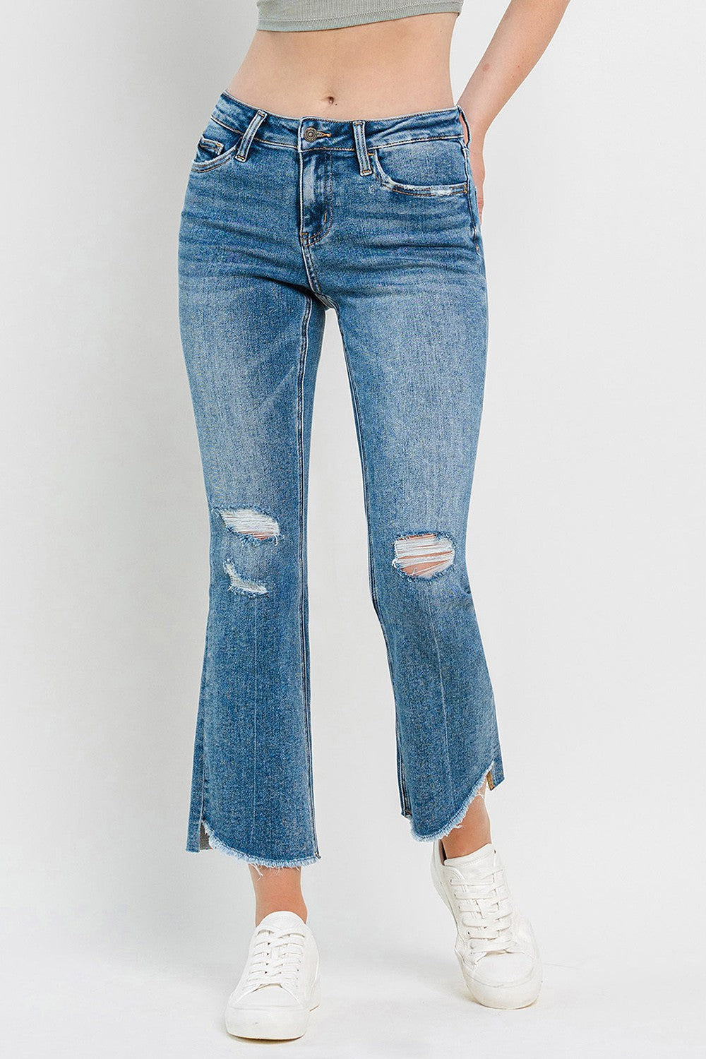 Vervet by Flying Monkey Full Size Mid Rise Distressed Cropped Flare Jeans-TOPS / DRESSES-[Adult]-[Female]-2022 Online Blue Zone Planet