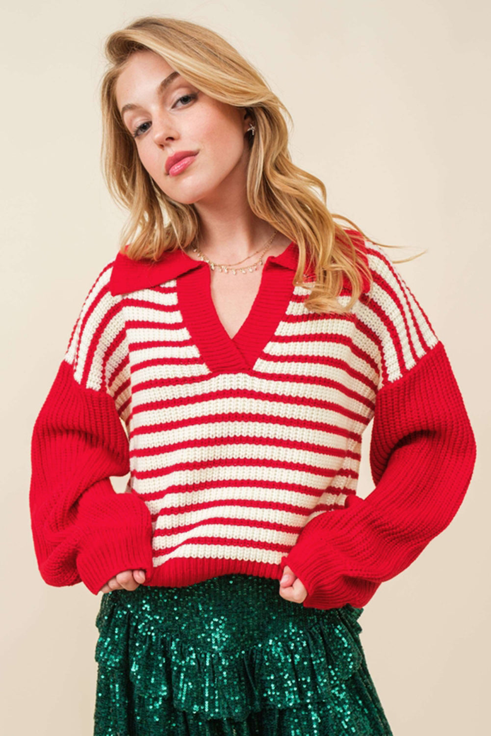 Striped Johnny Collar Long Sleeve Sweater-TOPS / DRESSES-[Adult]-[Female]-2022 Online Blue Zone Planet