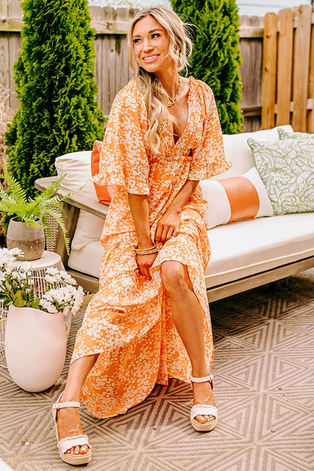 Orange Floral Print Smocked V Neck Wide Sleeve Maxi Dress-Dresses/Floral Dresses-[Adult]-[Female]-2022 Online Blue Zone Planet