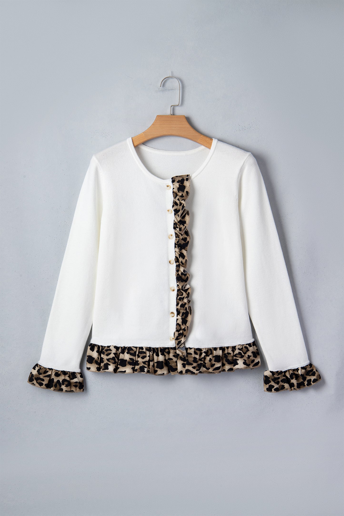 White Knitted Leopard Ruffle Patchwork Button Down Cropped Cardigan-Sweaters & Cardigans/Cardigans-[Adult]-[Female]-2022 Online Blue Zone Planet