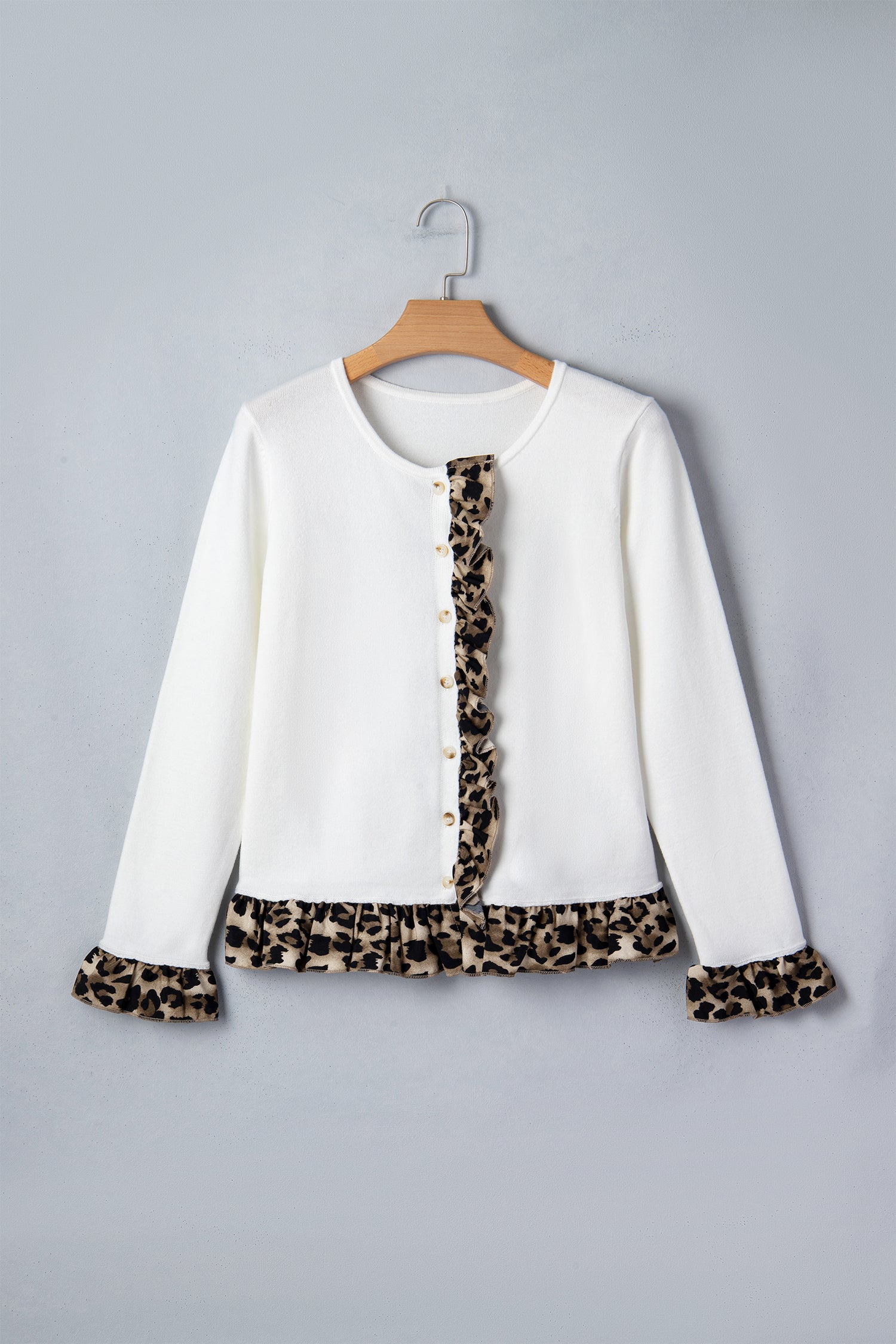 White Knitted Leopard Ruffle Patchwork Button Down Cropped Cardigan-Sweaters & Cardigans/Cardigans-[Adult]-[Female]-2022 Online Blue Zone Planet